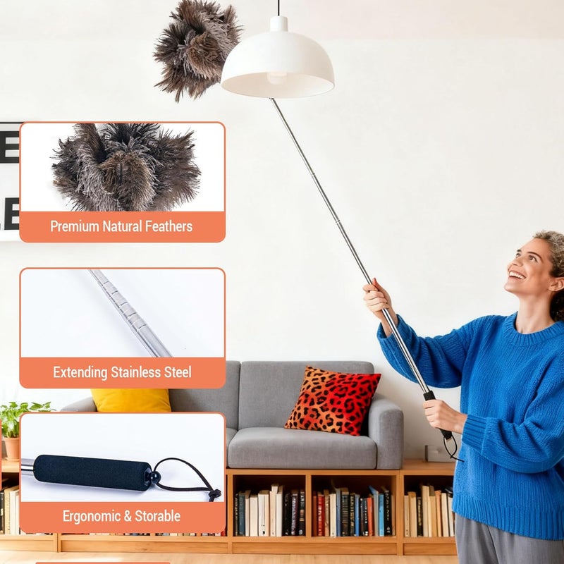 Cede noo Luxury Black Curved Feather Duster, Extendable Ostrich Feather Cleaning Tool for High Ceilings, Furniture, Blinds, Walls, Soft Fluffy Long Handle Dusting(A13-Black) - Image 3